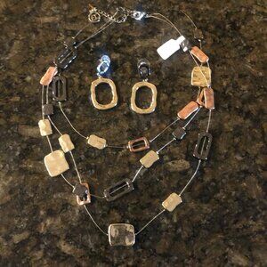 Erica Lyons 3 Strand Necklace Earring Set Copper Black Silver Colors